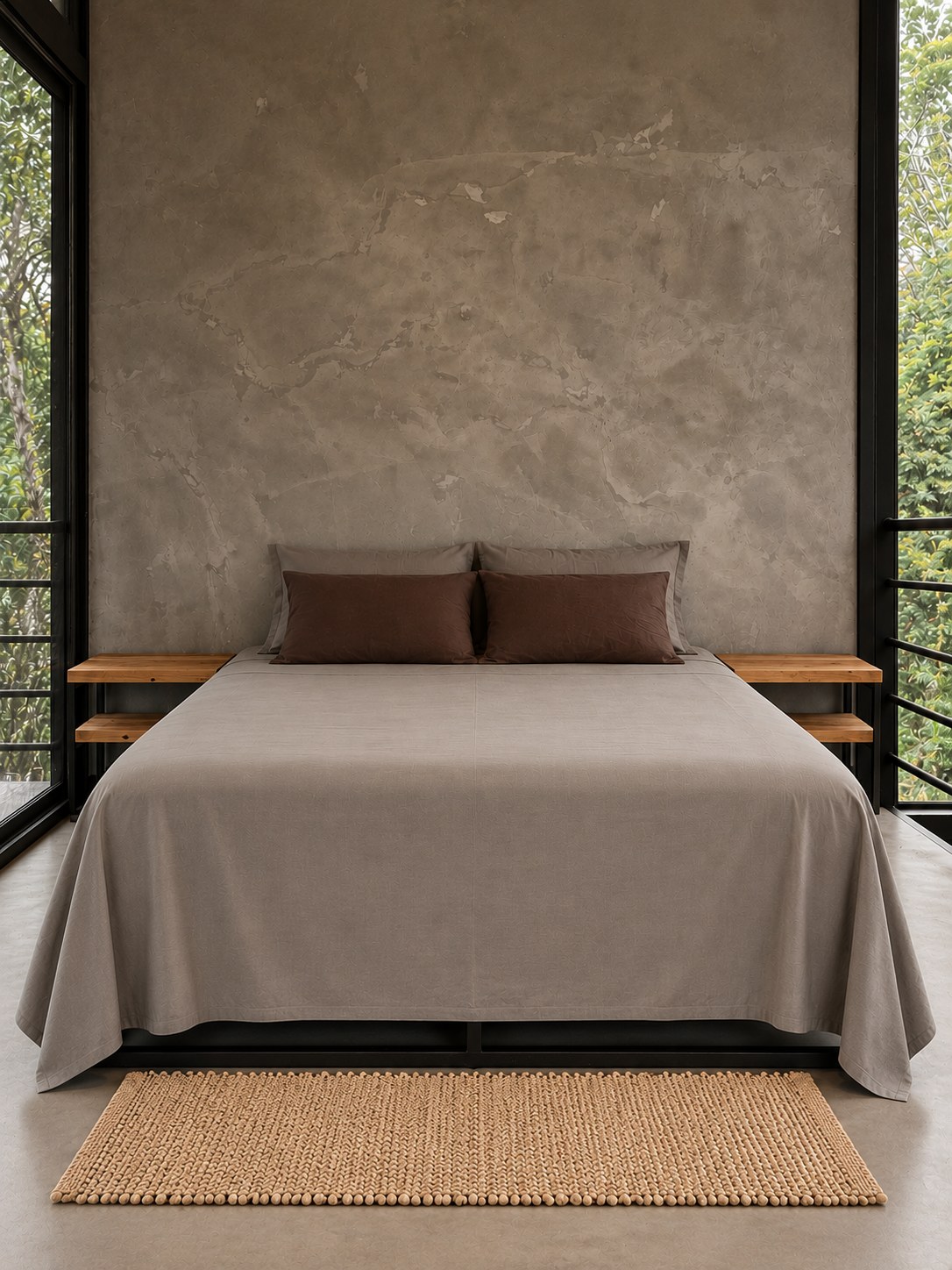 Recámara con cama queen frente al muro de concreto